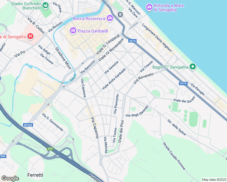 map of restaurants, bars, coffee shops, grocery stores, and more near 2 Via Trento in Senigallia