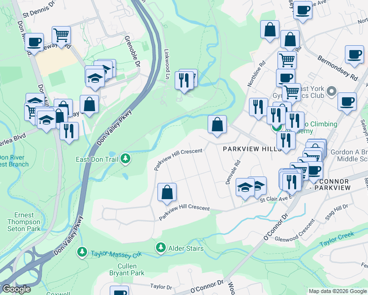 map of restaurants, bars, coffee shops, grocery stores, and more near 220 Parkview Hill Crescent in Toronto