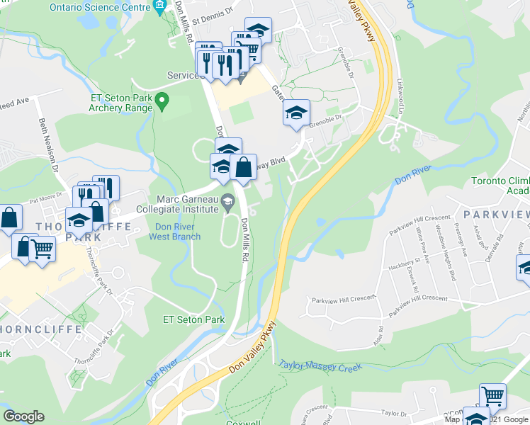 map of restaurants, bars, coffee shops, grocery stores, and more near 701 Don Mills Road in Toronto