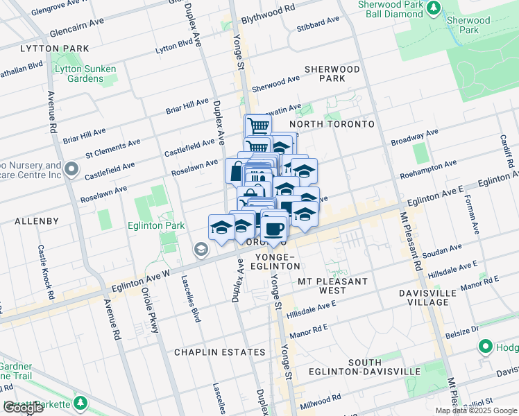 map of restaurants, bars, coffee shops, grocery stores, and more near 2346 Yonge Street in Toronto