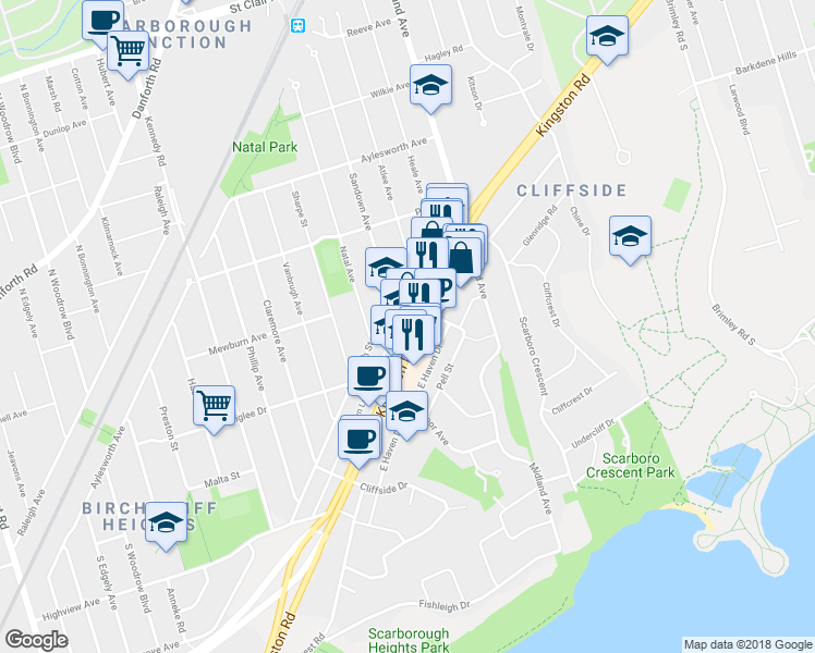 map of restaurants, bars, coffee shops, grocery stores, and more near 2400 Kingston Road in Toronto