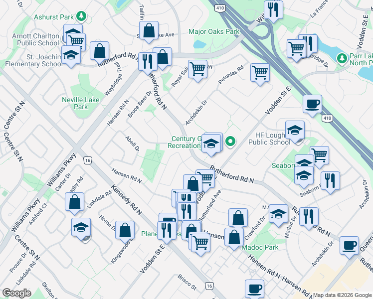 map of restaurants, bars, coffee shops, grocery stores, and more near 189 Rutherford Road North in Brampton