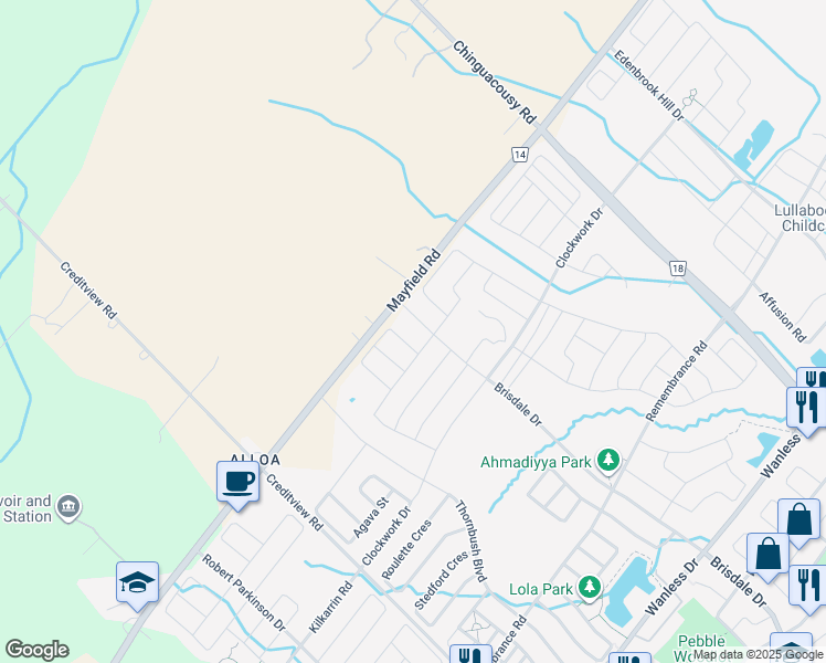 map of restaurants, bars, coffee shops, grocery stores, and more near 1615 Mayfield Road in Caledon