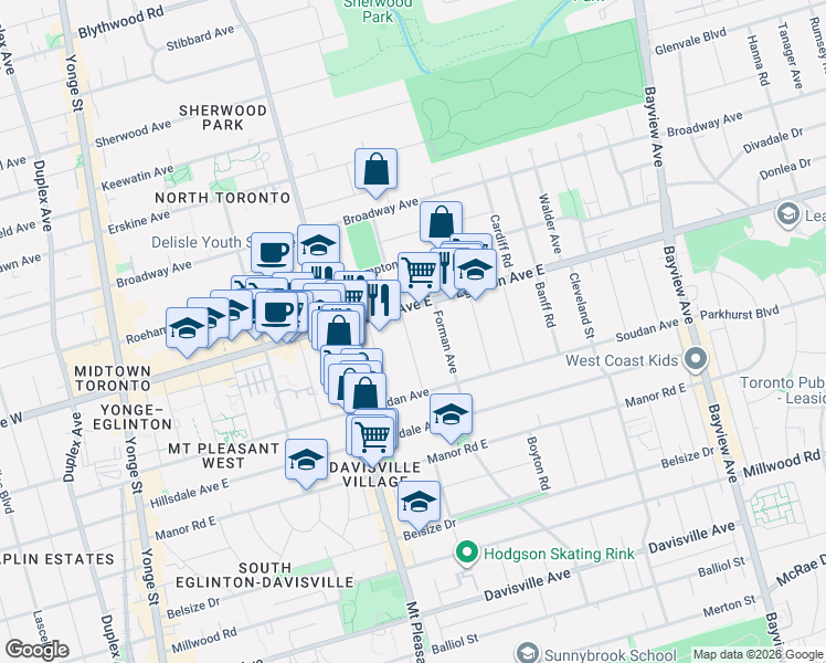 map of restaurants, bars, coffee shops, grocery stores, and more near 75 Falcon Street in Toronto