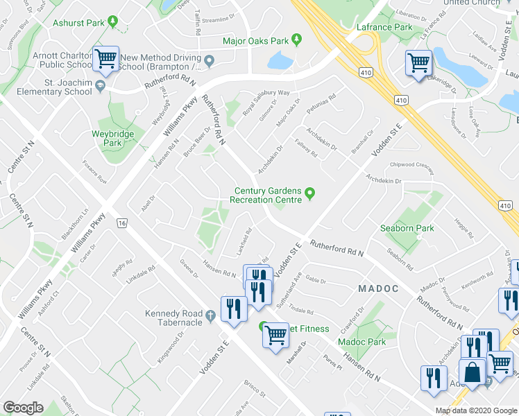 map of restaurants, bars, coffee shops, grocery stores, and more near 189 Rutherford Road North in Brampton
