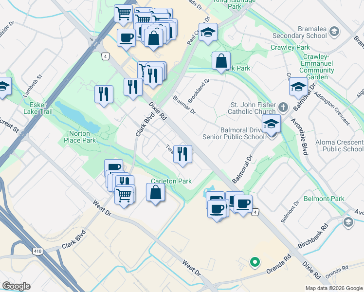 map of restaurants, bars, coffee shops, grocery stores, and more near 12 Sandringham Court in Brampton
