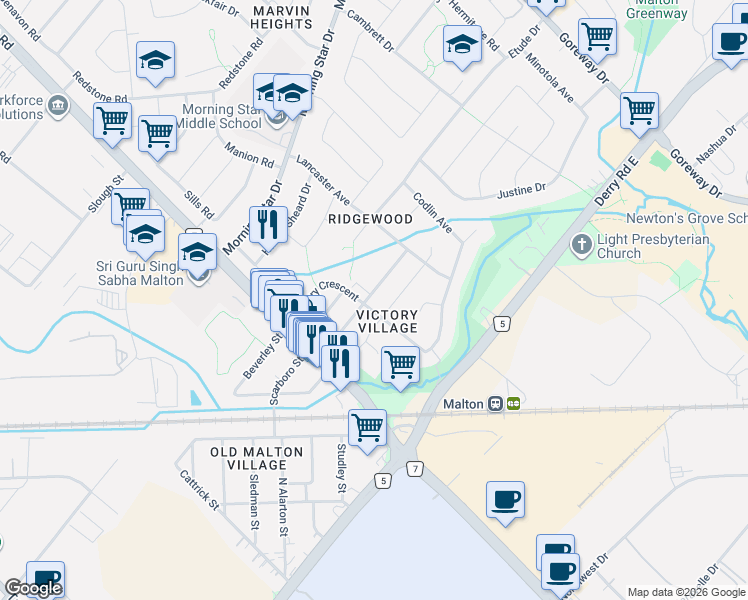 map of restaurants, bars, coffee shops, grocery stores, and more near 3090 Churchill Avenue in Mississauga