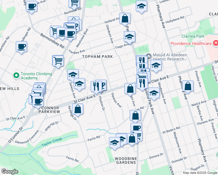 map of restaurants, bars, coffee shops, grocery stores, and more near 2908 Saint Clair Avenue East in Toronto