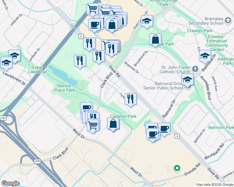 map of restaurants, bars, coffee shops, grocery stores, and more near 86 Carleton Place in Brampton