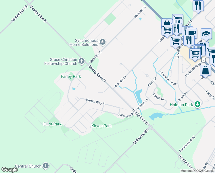 map of restaurants, bars, coffee shops, grocery stores, and more near 6534 Beatty Line North in Fergus