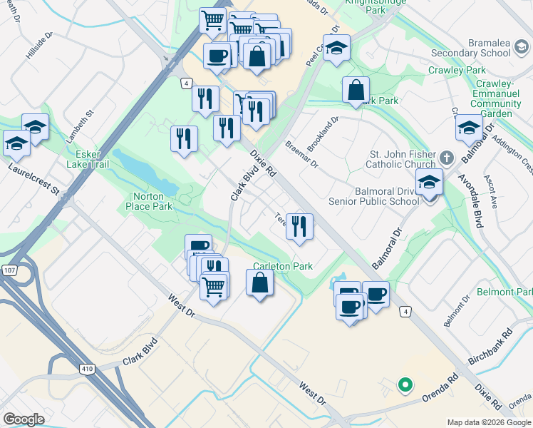 map of restaurants, bars, coffee shops, grocery stores, and more near 71 Carleton Place in Brampton