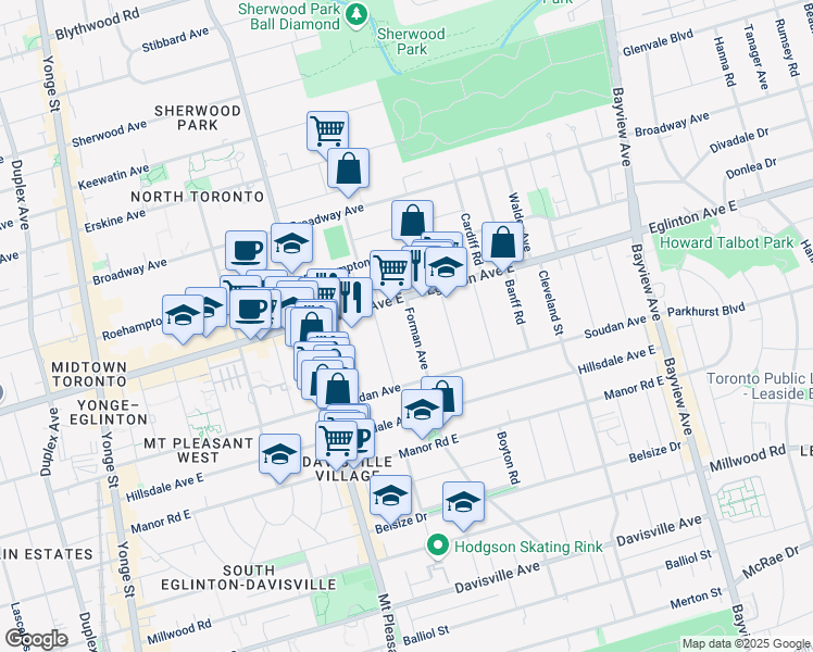 map of restaurants, bars, coffee shops, grocery stores, and more near in Toronto