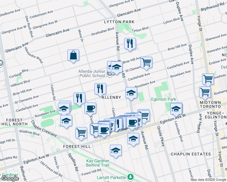 map of restaurants, bars, coffee shops, grocery stores, and more near in Toronto