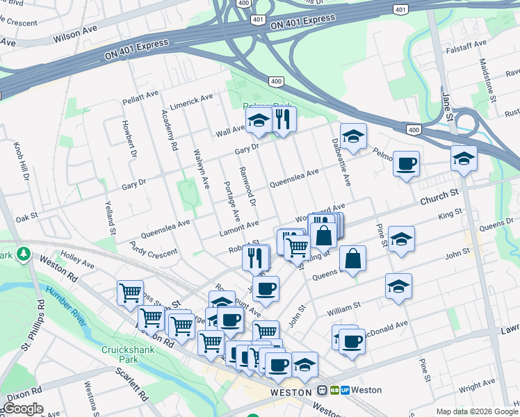 map of restaurants, bars, coffee shops, grocery stores, and more near in Toronto