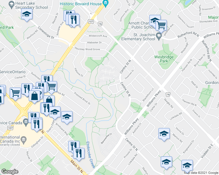 map of restaurants, bars, coffee shops, grocery stores, and more near 44 Dawson Crescent in Brampton