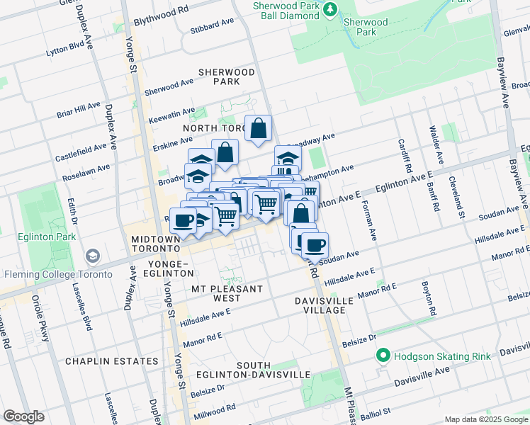 map of restaurants, bars, coffee shops, grocery stores, and more near in Toronto