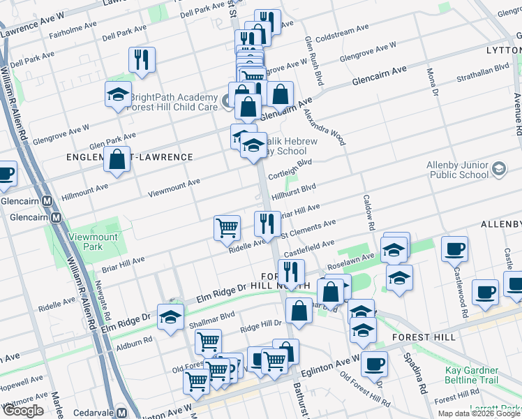 map of restaurants, bars, coffee shops, grocery stores, and more near in Toronto