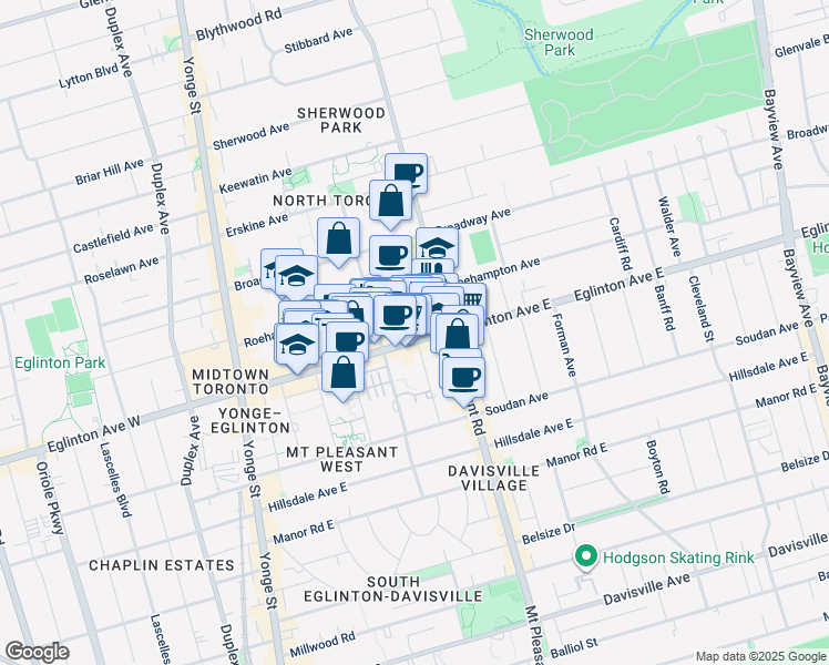 map of restaurants, bars, coffee shops, grocery stores, and more near in Toronto