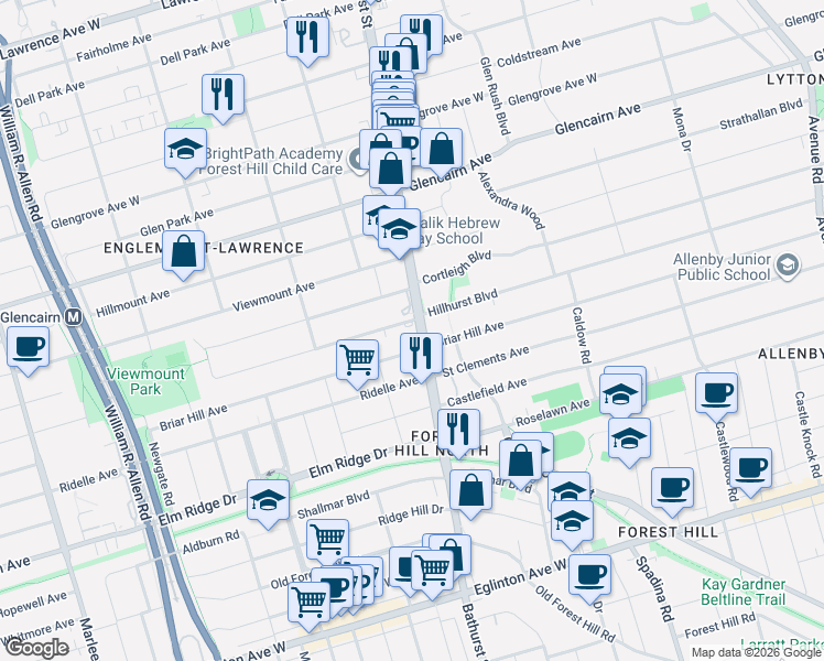 map of restaurants, bars, coffee shops, grocery stores, and more near 2600 Bathurst Street in Toronto