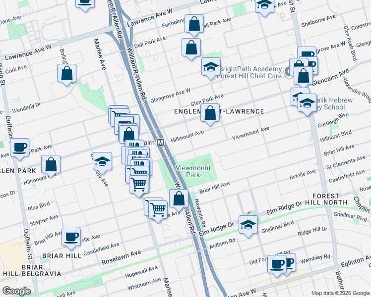 map of restaurants, bars, coffee shops, grocery stores, and more near 220 Viewmount Avenue in Toronto