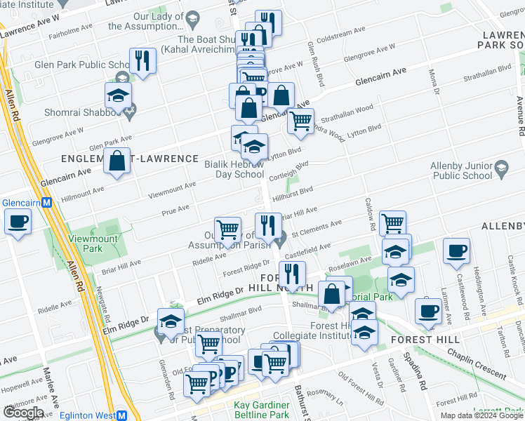 map of restaurants, bars, coffee shops, grocery stores, and more near 2600 Bathurst Street in Toronto
