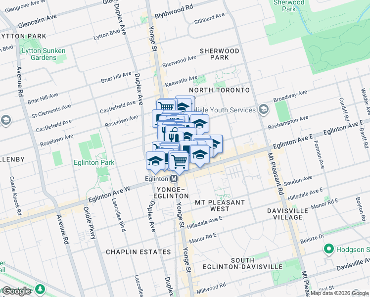 map of restaurants, bars, coffee shops, grocery stores, and more near 30 Roehampton Avenue in Toronto