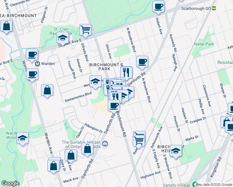 map of restaurants, bars, coffee shops, grocery stores, and more near 468 Danforth Road in Toronto