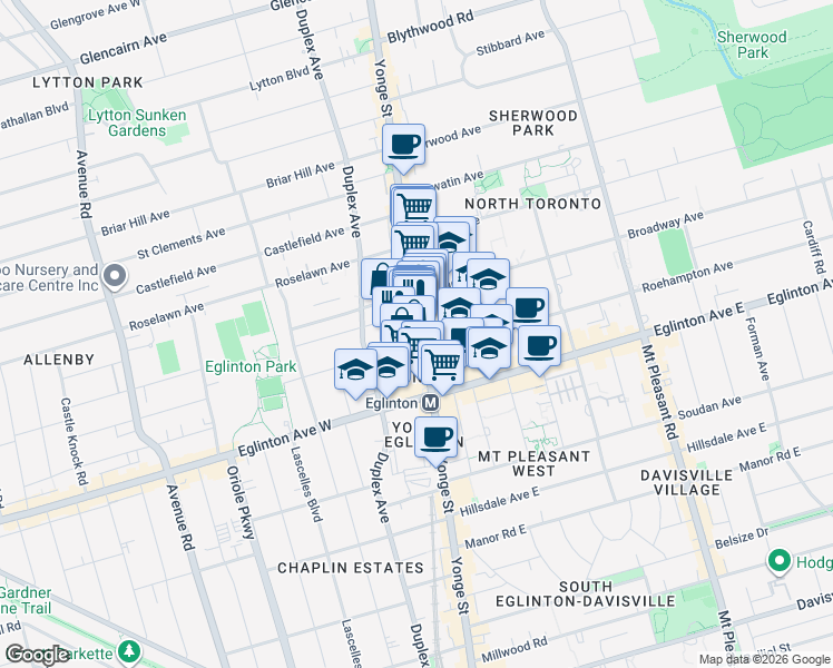map of restaurants, bars, coffee shops, grocery stores, and more near in Toronto