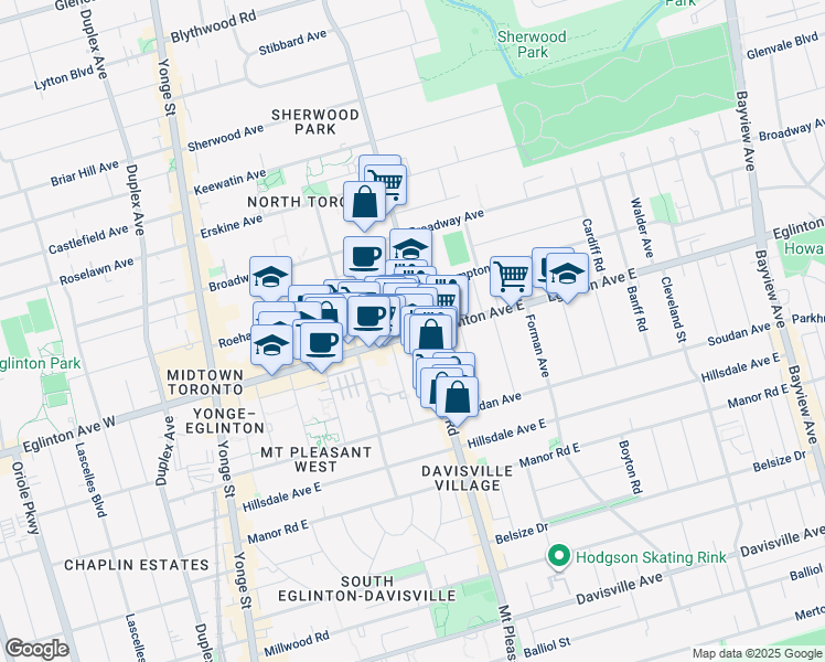 map of restaurants, bars, coffee shops, grocery stores, and more near 250 Eglinton Avenue East in Toronto
