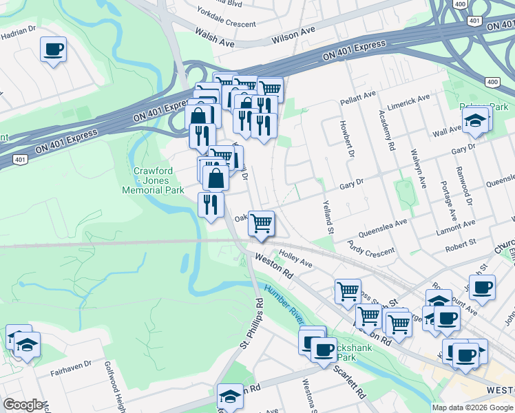 map of restaurants, bars, coffee shops, grocery stores, and more near 10 Oak Street in Toronto