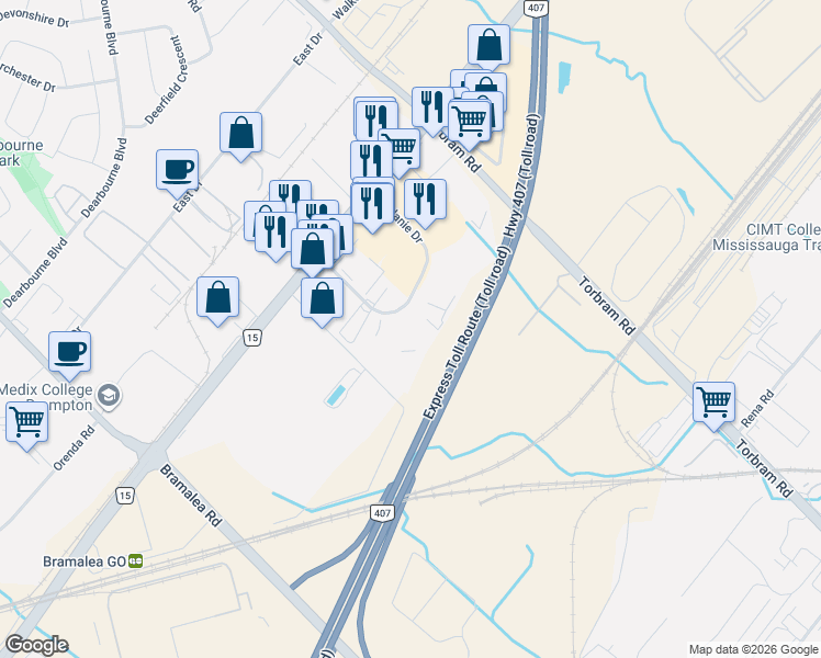map of restaurants, bars, coffee shops, grocery stores, and more near 14 Melanie Drive in Brampton