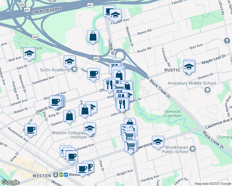 map of restaurants, bars, coffee shops, grocery stores, and more near 224 King Street in Toronto