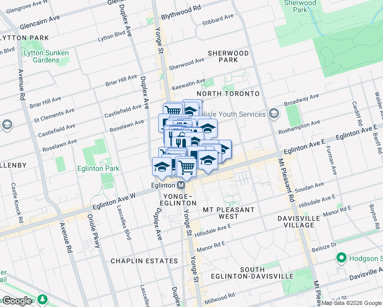 map of restaurants, bars, coffee shops, grocery stores, and more near 30 Roehampton Avenue in Toronto