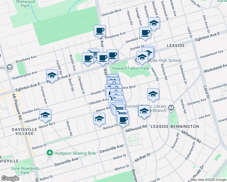 map of restaurants, bars, coffee shops, grocery stores, and more near 1727a Bayview Avenue in Toronto