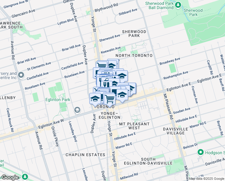 map of restaurants, bars, coffee shops, grocery stores, and more near 2329 Yonge Street in Toronto