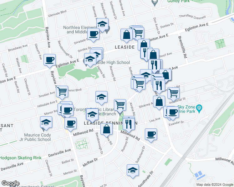 map of restaurants, bars, coffee shops, grocery stores, and more near 176 Rumsey Road in Toronto