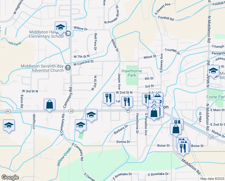 map of restaurants, bars, coffee shops, grocery stores, and more near 214 West 2nd Street North in Middleton