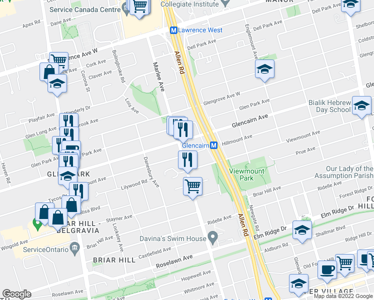 map of restaurants, bars, coffee shops, grocery stores, and more near 511 Marlee Avenue in Toronto