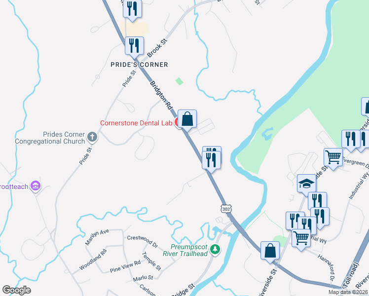 map of restaurants, bars, coffee shops, grocery stores, and more near 180 Bridgton Road in Westbrook
