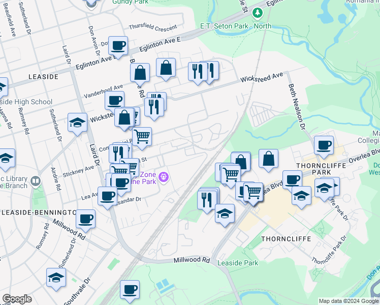 map of restaurants, bars, coffee shops, grocery stores, and more near 55 Industrial Street in Toronto