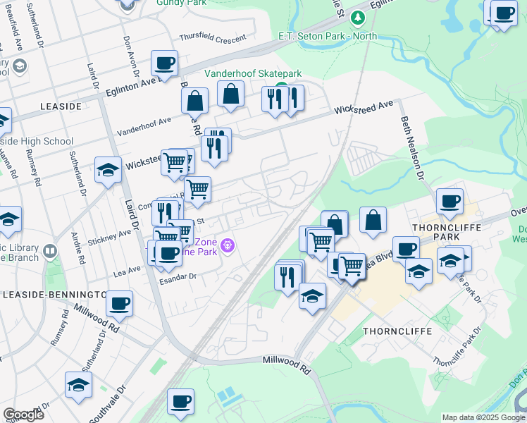 map of restaurants, bars, coffee shops, grocery stores, and more near 55 Industrial Street in Toronto