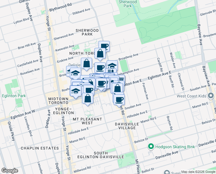 map of restaurants, bars, coffee shops, grocery stores, and more near 234 Eglinton Avenue East in Toronto
