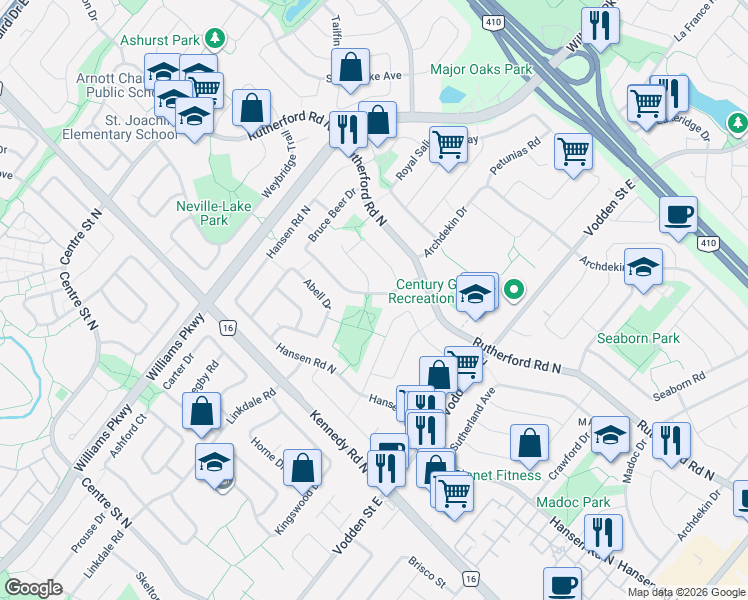 map of restaurants, bars, coffee shops, grocery stores, and more near 35 Bruce Beer Drive in Brampton