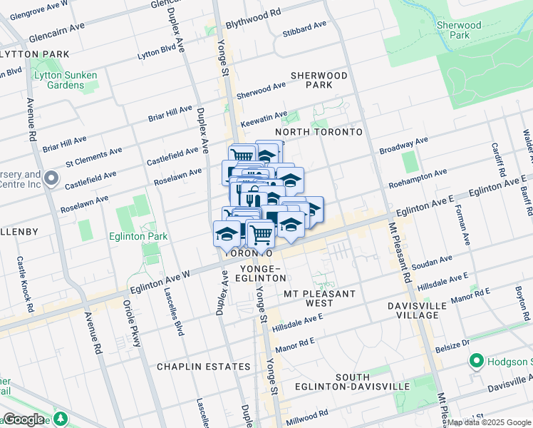 map of restaurants, bars, coffee shops, grocery stores, and more near 30 Roehampton Avenue in Toronto