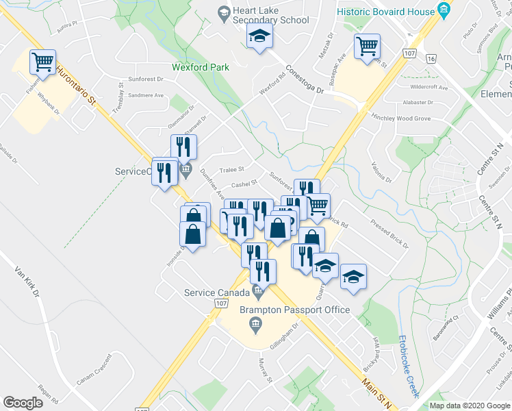 map of restaurants, bars, coffee shops, grocery stores, and more near 38 Langholm Court in Brampton