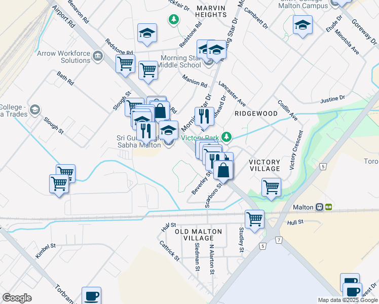map of restaurants, bars, coffee shops, grocery stores, and more near 7256 Airport Road in Mississauga