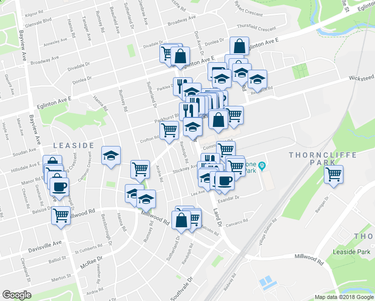 map of restaurants, bars, coffee shops, grocery stores, and more near 193 Randolph Road in Toronto