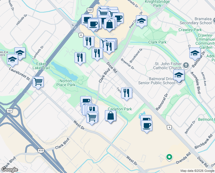 map of restaurants, bars, coffee shops, grocery stores, and more near in Brampton