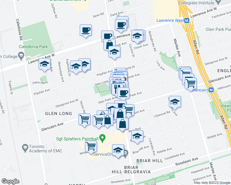 map of restaurants, bars, coffee shops, grocery stores, and more near 2920 Dufferin Street in Toronto