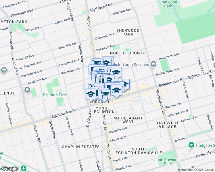 map of restaurants, bars, coffee shops, grocery stores, and more near 30 Roehampton Avenue in Toronto